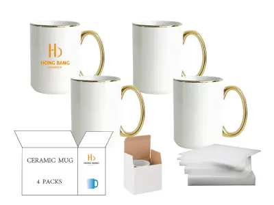 4 packs sublimation 15oz rim handle gold color mug with white box