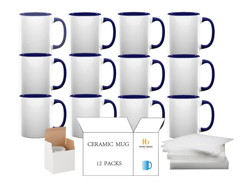 12 packs of dark blue inner handle 11oz sublimation mug white box