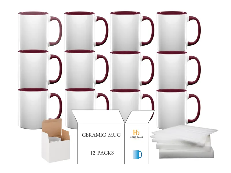 12 packs of maroon inner handle 11oz sublimation mug white box