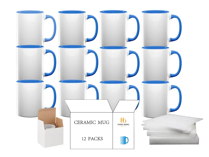 12 packs of blue inner handle 11oz sublimation mug white box