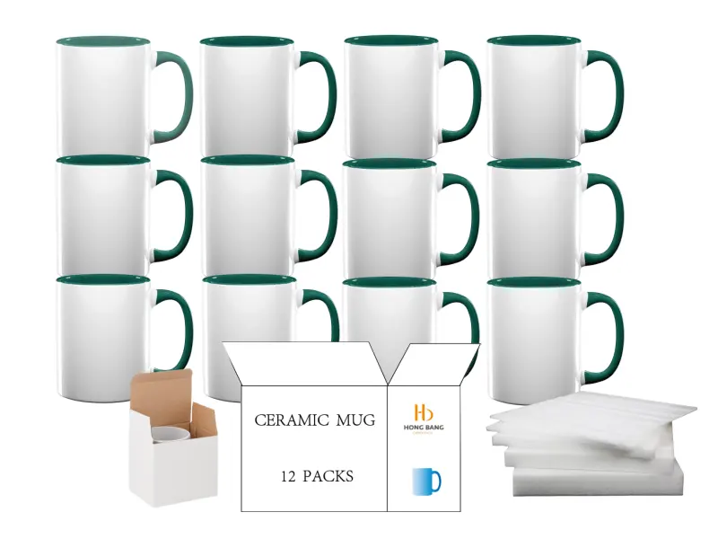 12 packs of dark green inner handle 11oz sublimation mug white box