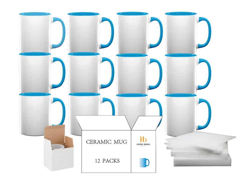 12 packs of light blue inner handle 11oz sublimation mug white box