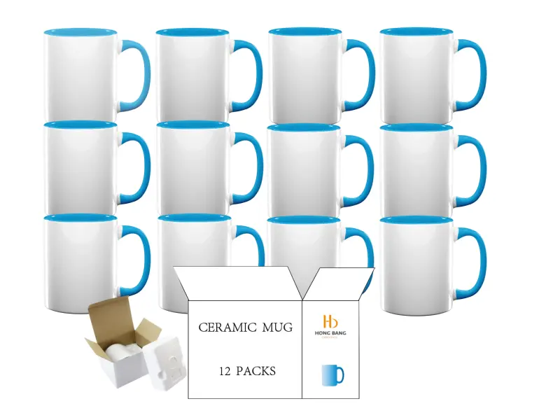 12 packs of light blue inner handle 11oz sublimation mug foam box