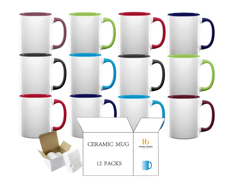 12 packs of mixed color inner handle 11oz sublimation mug foam box