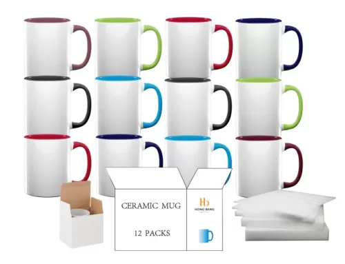 12 packs of mixed color handle 11oz sublimation mug white box