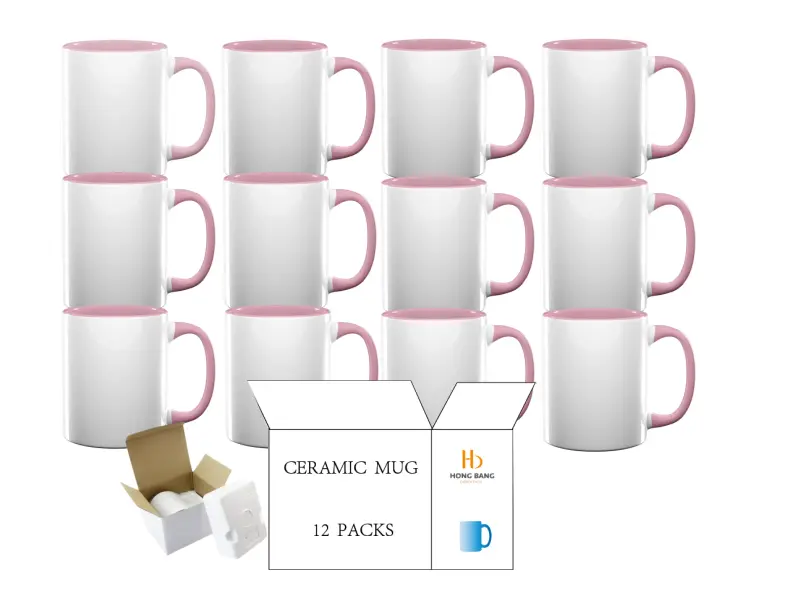 12 packs of pink inner handle 11oz sublimation mug foam box