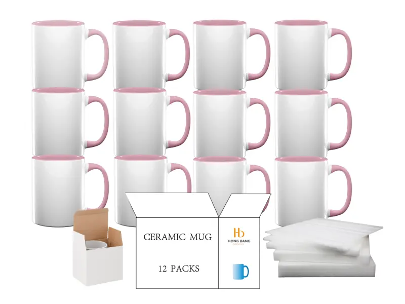 12 packs of pink inner handle 11oz sublimation mug white box