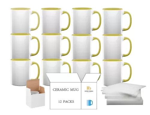 12 packs of yellow inner handle 11oz sublimation mug white box