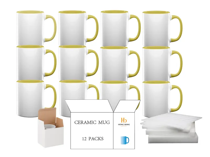 12 packs of yellow inner handle 11oz sublimation mug white box