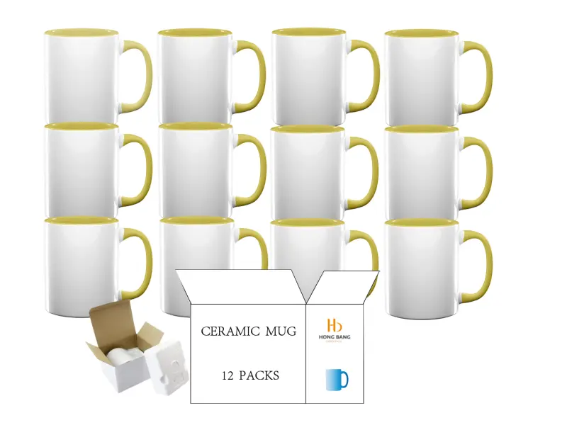 12 packs of yellow inner handle 11oz sublimation mug foam box