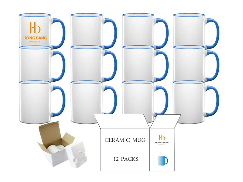 12 packs of cambridge blue rim handle 11oz sublimation mug foam box