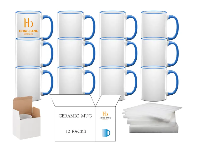 12 packs of cambridge blue rim handle 11oz sublimation mug white box