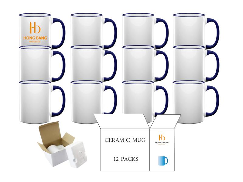 12 packs of dark blue rim handle 11oz sublimation mug foam box