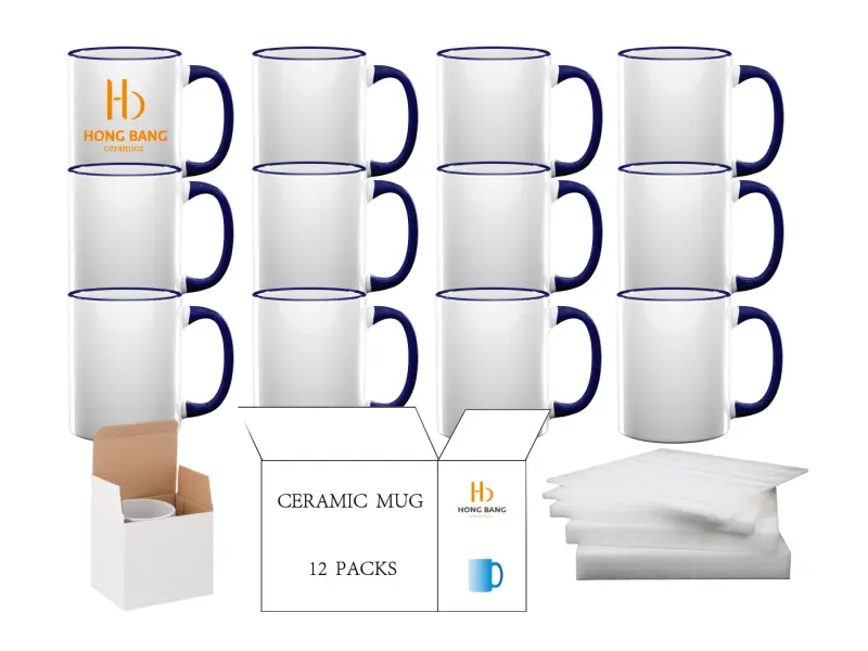 12 packs of dark blue rim handle 11oz sublimation mug white box