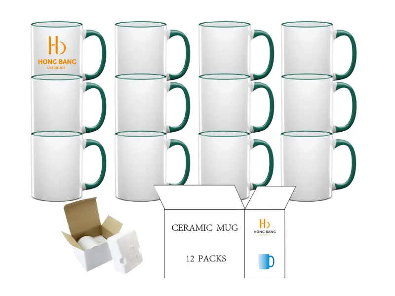 12 packs of dark green rim handle 11oz sublimation mug foam box