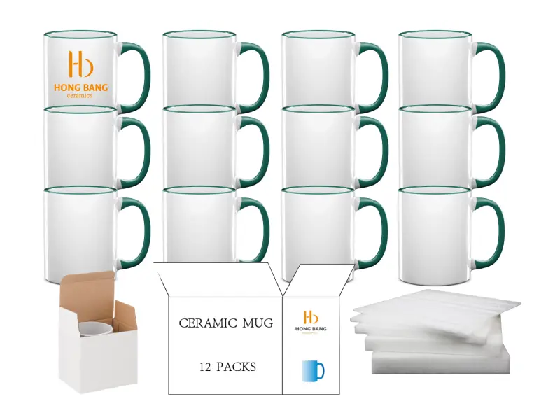 12 packs of dark green rim handle 11oz sublimation mug white box