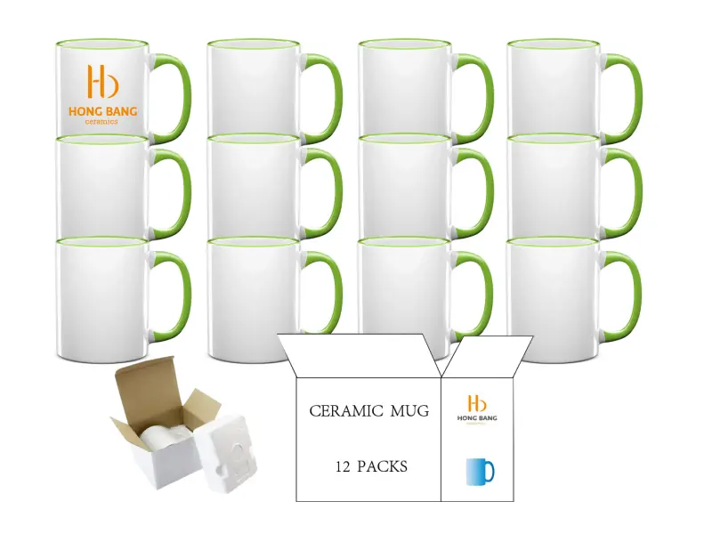 12 packs of light green rim handle 11oz sublimation mug foam box