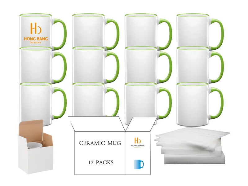 12 packs of light green rim handle 11oz sublimation mug white box