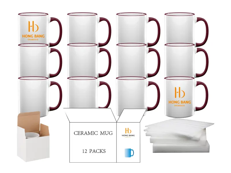 12 packs of maroon rim handle 11oz sublimation mug white box