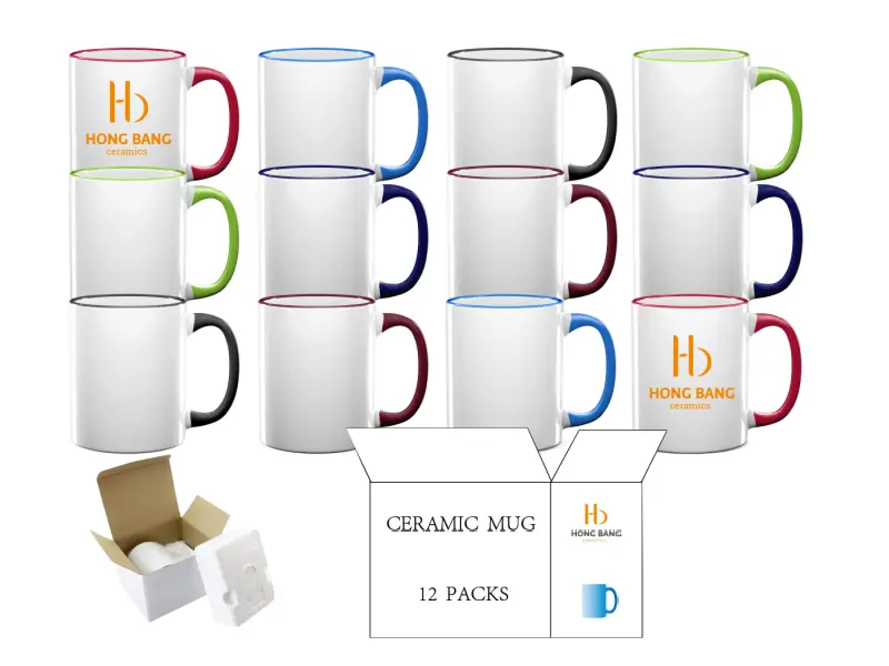 12 packs of mixed color rim handle 11oz sublimation mug foam box