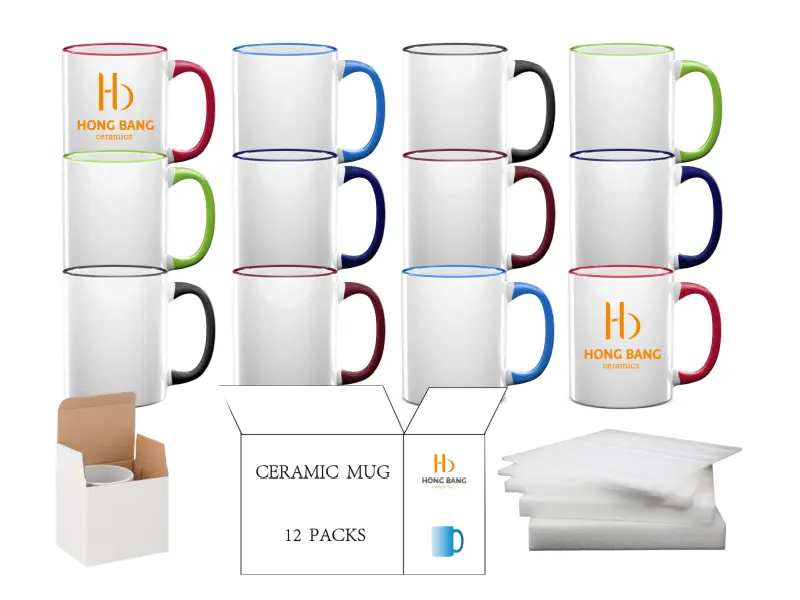 12 packs of mixed color rim handle 11oz sublimation mug white box