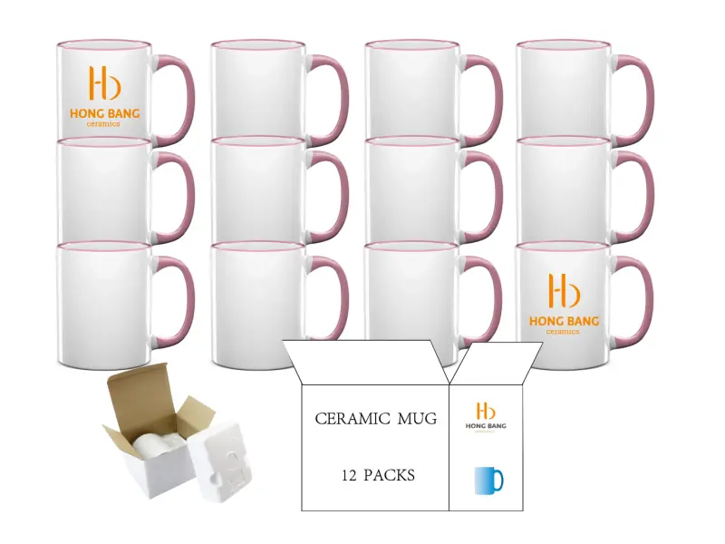 12 packs of pink rim handle 11oz sublimation mug foam box