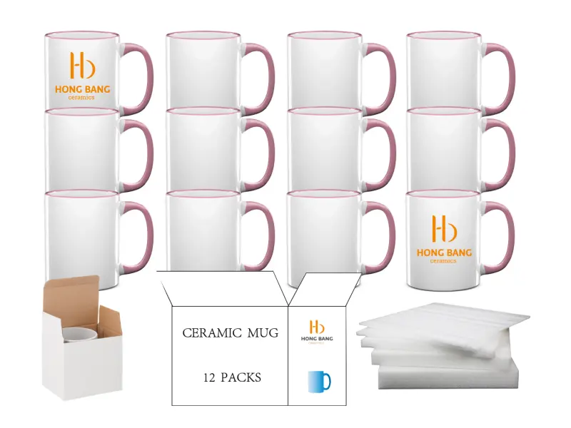 12 packs of pink rim handle 11oz sublimation mug white box