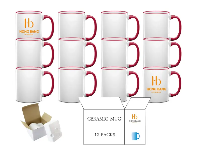 12 packs of red rim handle 11oz sublimation mug foam box