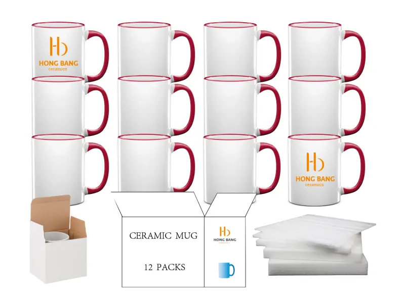 12 packs of red rim handle 11oz sublimation mug white box