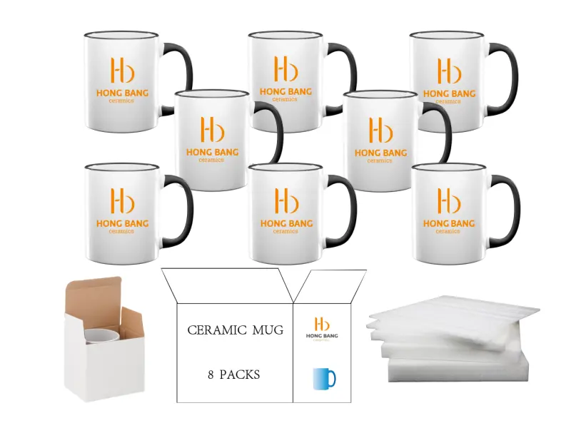 8 packs of black rim handle 11oz sublimation mug white box