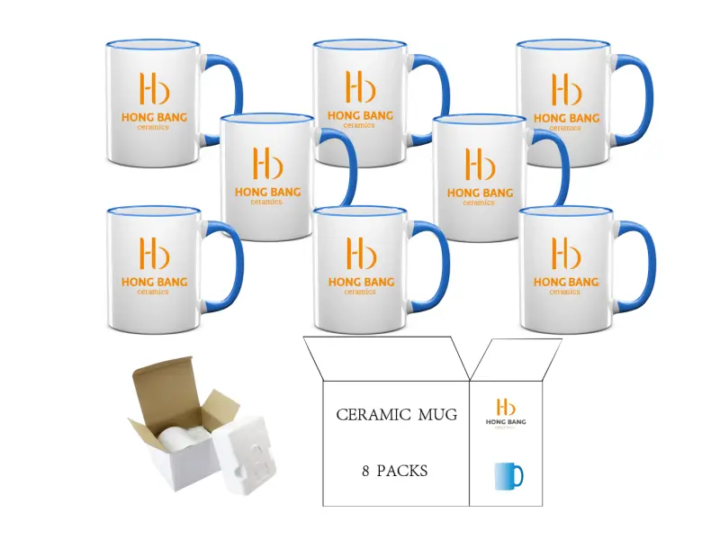 8 packs of blue rim handle 11oz sublimation mug foam box