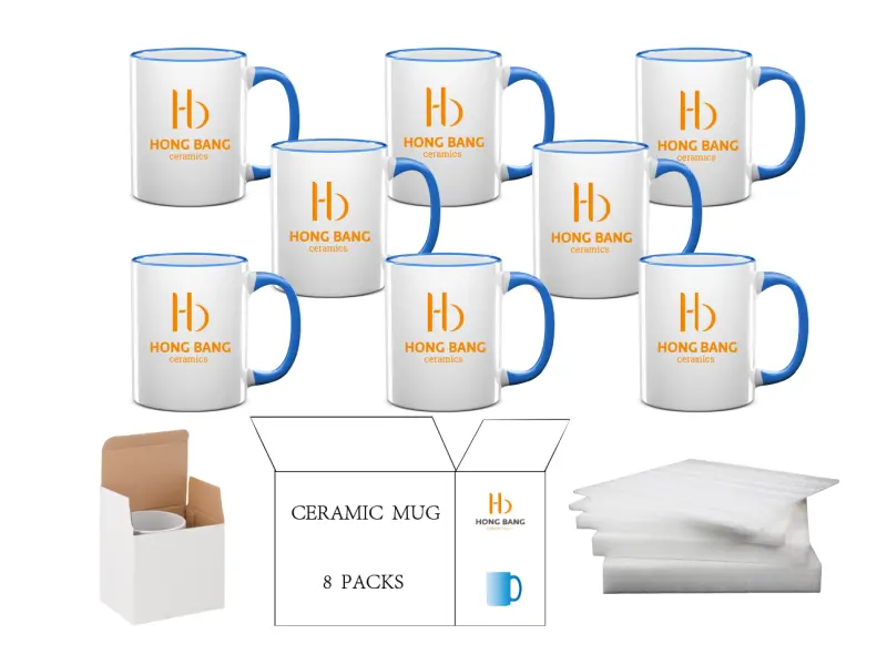 8 packs of blue rim handle 11oz sublimation mug white box