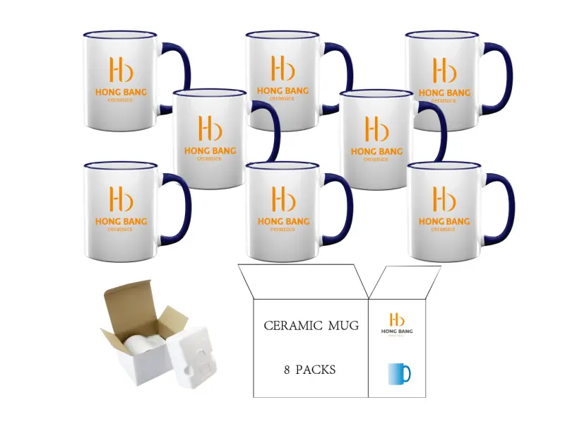 8 packs of dark blue rim handle 11oz sublimation mug foam box