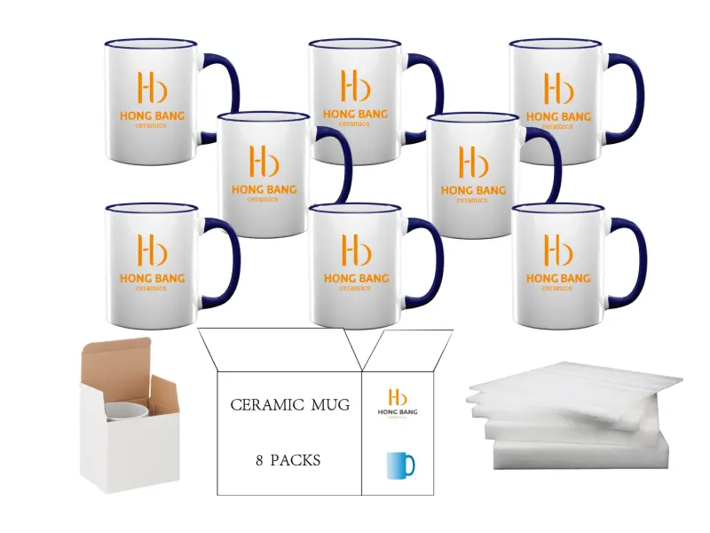 8 packs of dark blue rim handle 11oz sublimation mug white box