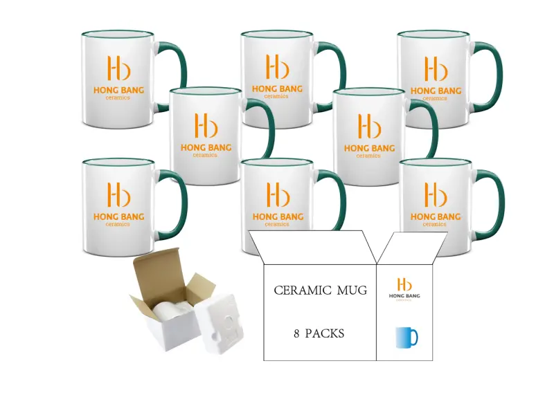 8 packs of dark green rim handle 11oz sublimation mug foam box