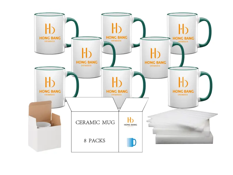 8 packs of dark green rim handle 11oz sublimation mug white box