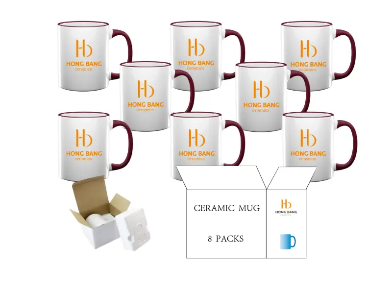 8 packs of maroon rim handle 11oz sublimation mug foam box