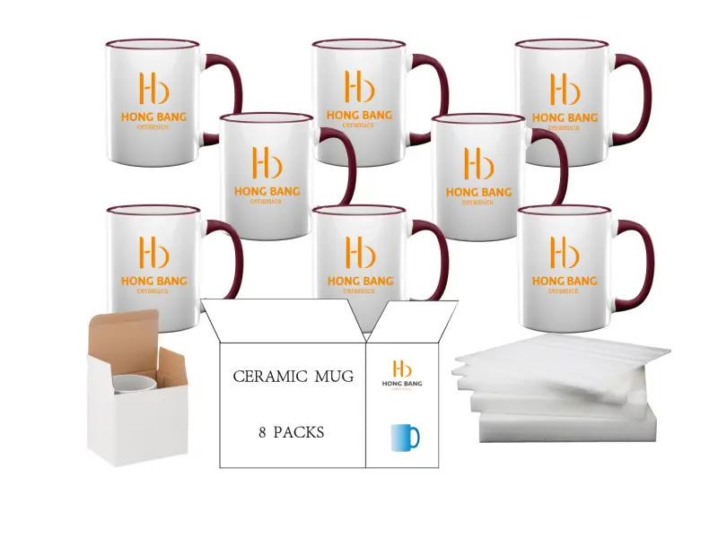 8 packs of maroon rim handle 11oz sublimation mug white box