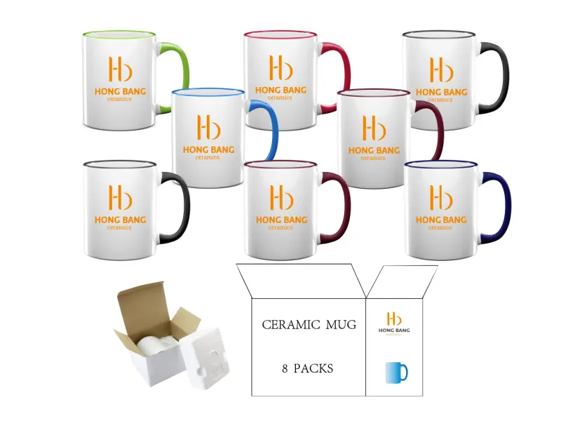 8 packs of mixed color rim handle 11oz sublimation mug foam box