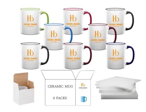 8 packs of mixed color rim handle 11oz sublimation mug white box