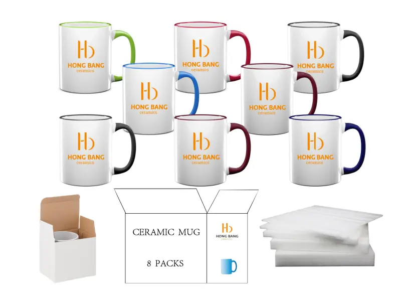 8 packs of mixed color rim handle 11oz sublimation mug white box