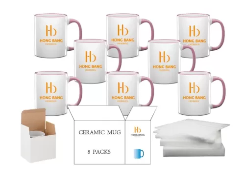 8 packs of pink rim handle 11oz sublimation mug white box