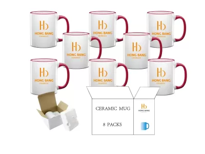 8 packs of red rim handle 11oz sublimation mug foam box