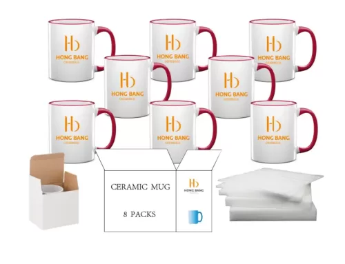 8 packs of red rim handle 11oz sublimation mug white box