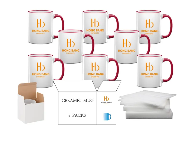 8 packs of red rim handle 11oz sublimation mug white box