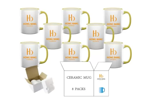 8 packs of yellow rim handle 11oz sublimation mug foam box