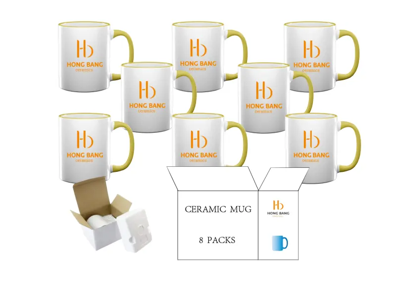 8 packs of yellow rim handle 11oz sublimation mug foam box