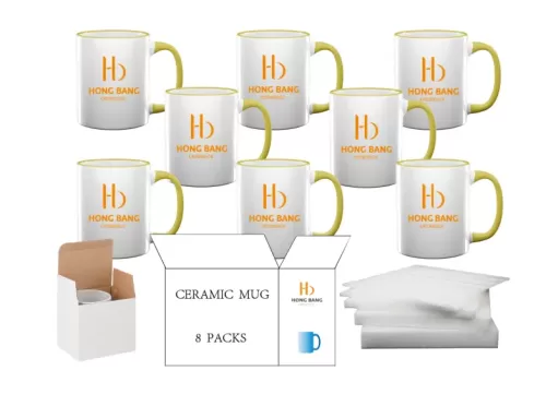 8 packs of yellow rim handle 11oz sublimation mug white box