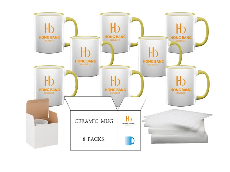 8 packs of yellow rim handle 11oz sublimation mug white box