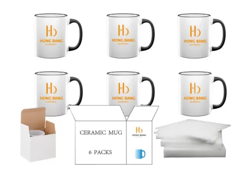 6 packs black rim handle 11oz sublimation mug white box